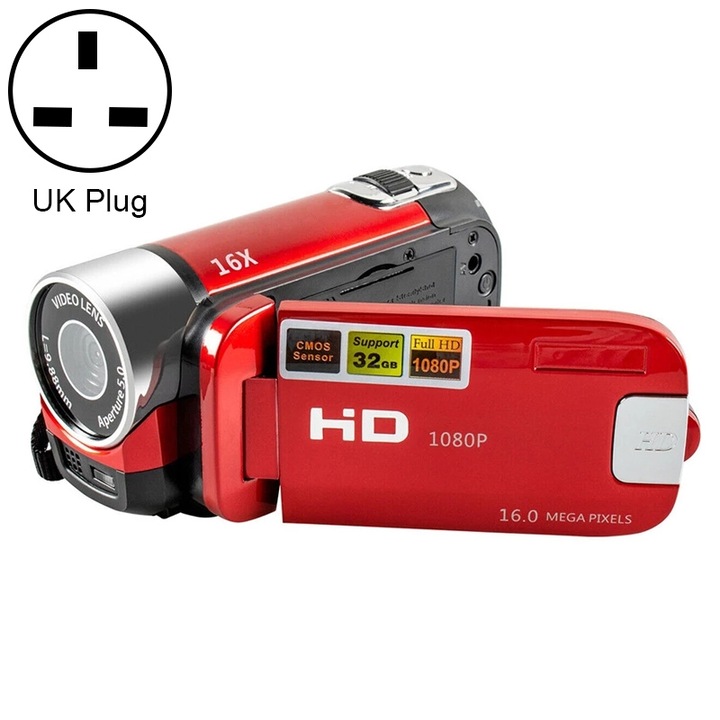 Camera DV de calatorie acasa, cu zoom digital 16X, 16 milioane de pixeli HD, mufa UK (rosu)