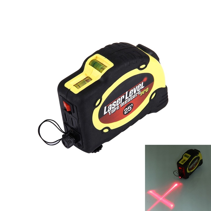 Nivel laser cu ruleta 25ft si clip pentru curea, proiector laser orizontal si vertical, 115x88x40mm, galben