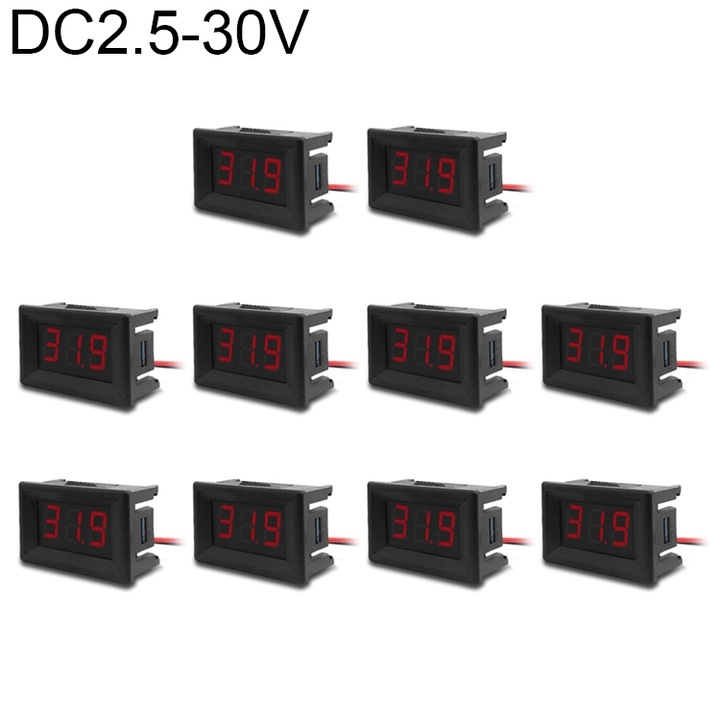 Set 10 Aparate de Masura Digitala a Tensiunii, 0.36 inch, Display LED Colorat, Masurare Tensiune DC 2.5-30V, Rosu