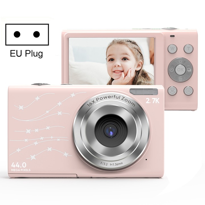 Camera digitala compacta 44MP, 16x zoom, 1080P, ecran 2.4 inch, roz ...