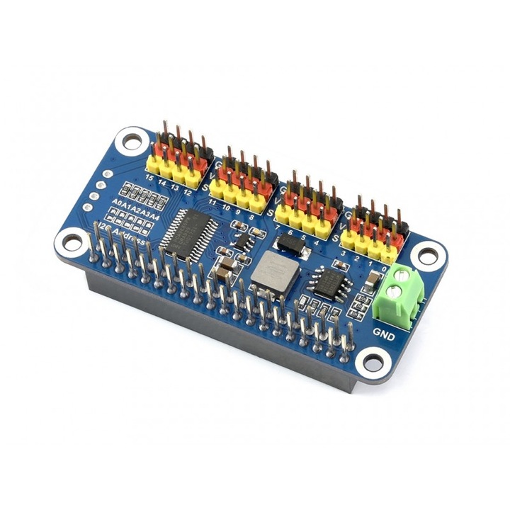 HAT driver servo 16 canale I2C pentru Raspberry Pi, 12-bit, 65x30mm