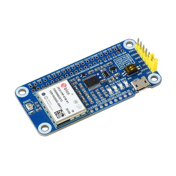 Modul GPS-RTK ZED-F9P pentru Raspberry Pi, precizie la nivel de centimetru, antena multi-banda, dimensiuni 65x30.5mm