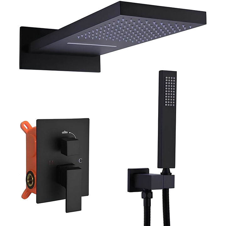 Set de dus tip cascada RainDrop®, baterie incastrata cu 3 functii de curgere, integral din Alama, negru mat