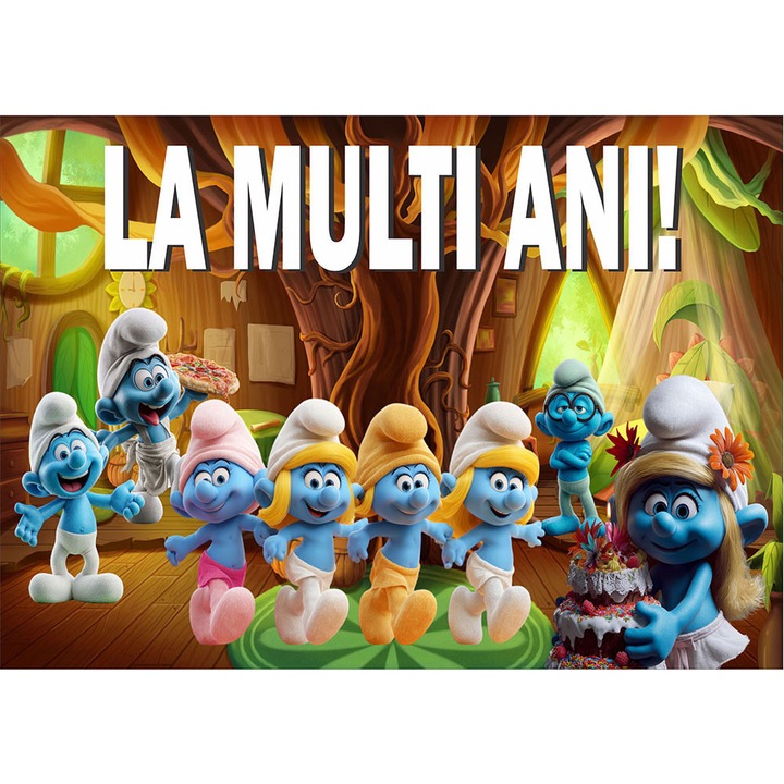 Fototapet aniversar, autoadeziv, Strumfii, multicolor, 80x120 cm LMA25