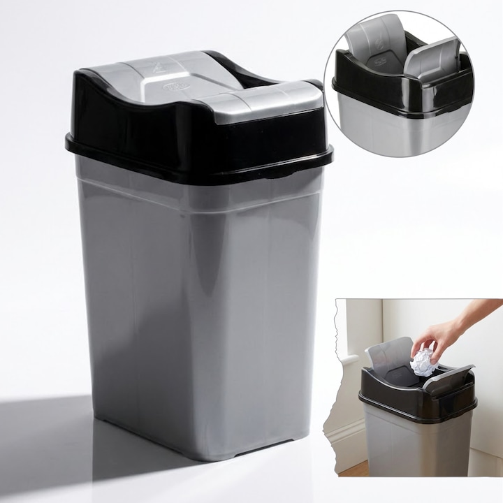 Cos de gunoi cu capac rabatabil, Salestore.ro, 22 L, Gri închis/Negru, 43.5x31.5x23cm