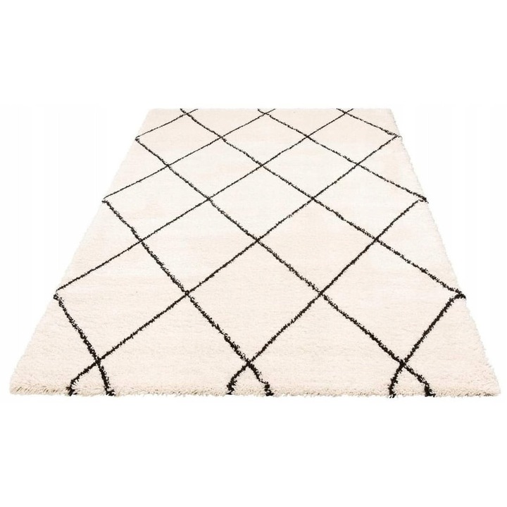 Covor Shaggy, Leonique, 80 Acp x- Sh4, 80 cm x 150 cm x 3, 5 cm, Tip Shaggy, Destinatie Pentru Interior, Certificat Oeko-Tex Standard 100, Forma Dreptunghiulara, Crem-Negru