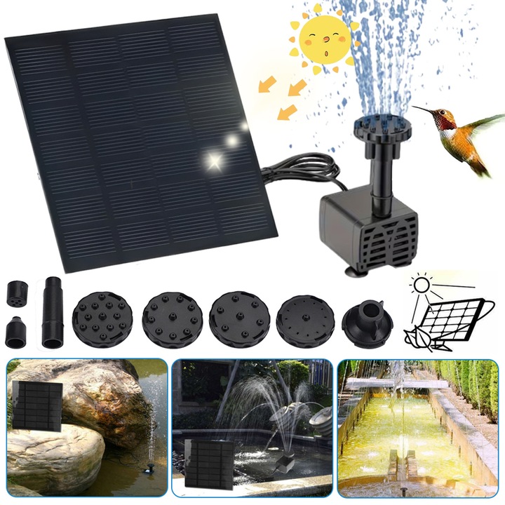 Fantana solara, Bedee, cu panou solar, 6 duze, Pompa arteziana pentru fantana, 200L/h, 7V 1.5W, Instalare usoara, Silicon monocristalin, pentru iaz, rezervor de peste, gradina, baie de pasari, Negru