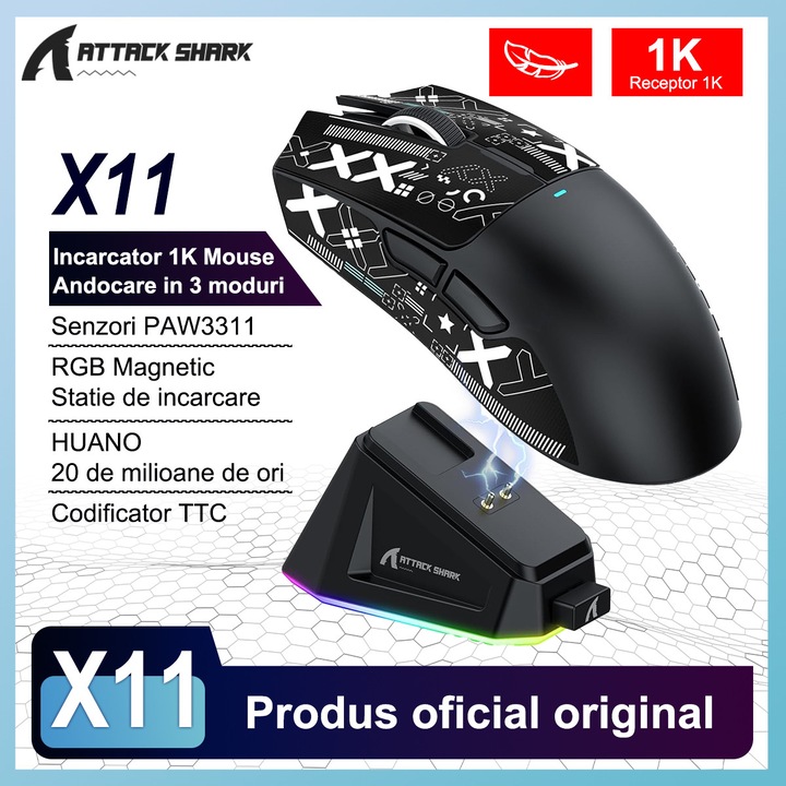 ATTACK SHARK® X11 vezeték nélküli gamer egér RGB töltőállomással, hárommódú kábel – 2.4G/USB-C/BT 5.2, 22K DPI 6 lépésben, PAW3311 optikai szenzor, 5 programozható gomb PC/Mac (fekete)