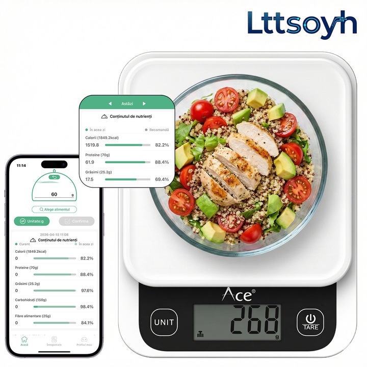 Cantar electronic de bucatarie Lttsoyh®, Digital Scale, Inalta precizie, 5000gr, Diviziune 0.1gr, Display LCD Iluminat, Functie TARA, Comutare unitati multiple, Potrivit pentru pierderea in greutate, copt, gatit,.Argintiu