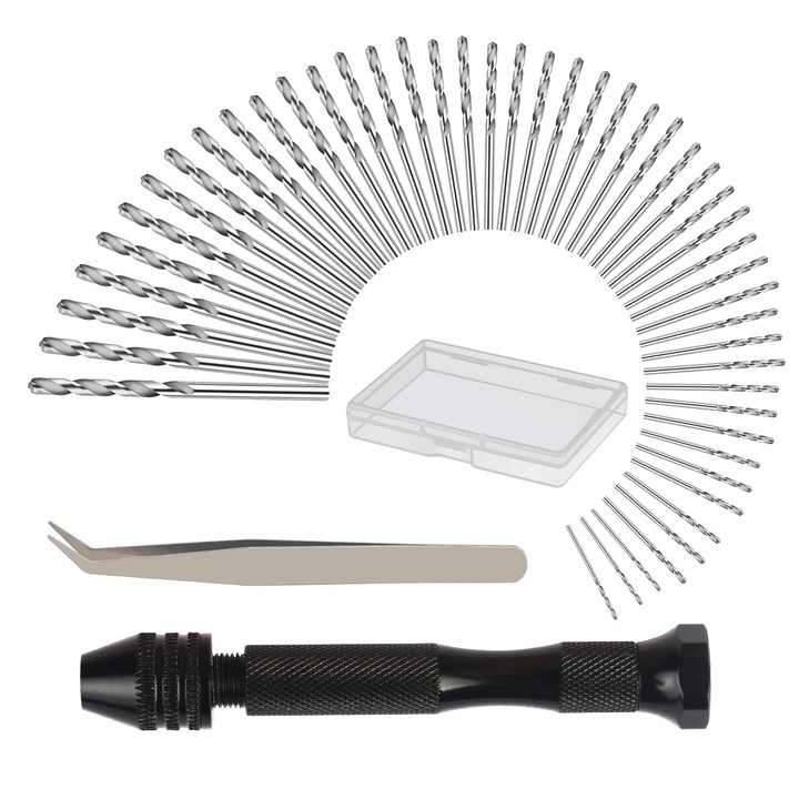 Set de unelte pentru gaurit manual cu 48 bormuri micro (0.5-3mm), burghiu manual, cleste, cutie de depozitare transparenta