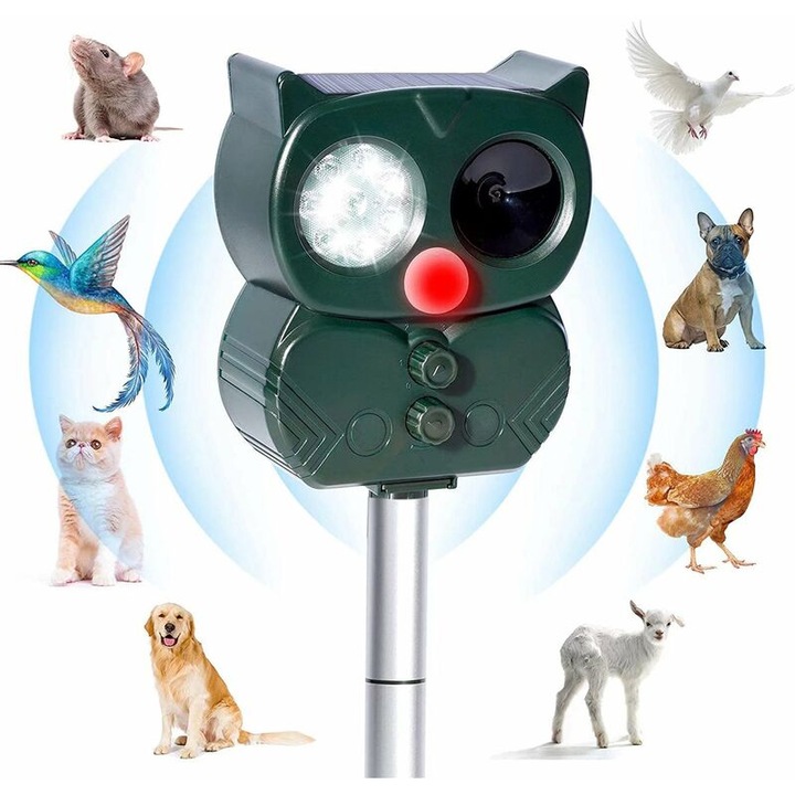 Repelent ultrasonic solar pentru animale, frecventa ajustabila, impermeabil, pentru caini, pisici, vulpi, soareci
