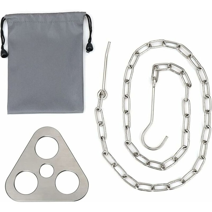 Set suport gratar camping, inox, 3 gauri, lant ajustabil, argintiu