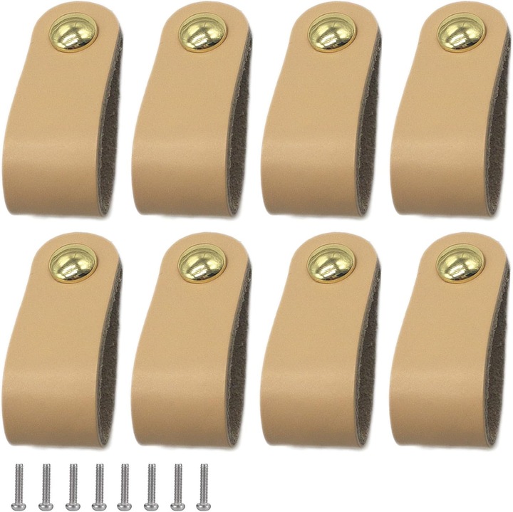 Set 8 manere din piele, feronerie pentru mobila, zinc, bej, 67x28mm