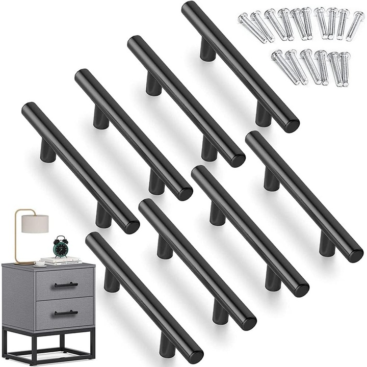 Manere de usa pentru mobila, set de 8 bucati, din otel inoxidabil, design T-bar, 150mm lungime, 96mm distanta intre gauri, negru