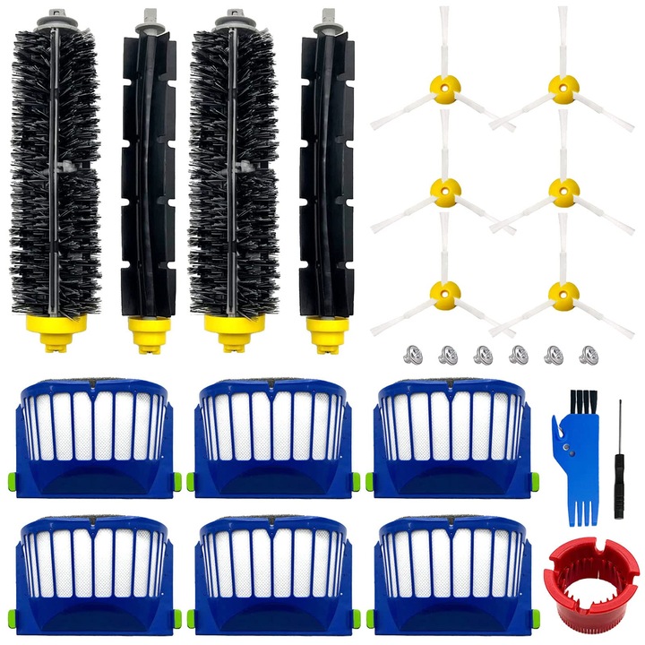 Set piese de schimb pentru aspirator robot, 2 perii cu peri si 2 perii flexibile, 6 filtre, 6 perii laterale