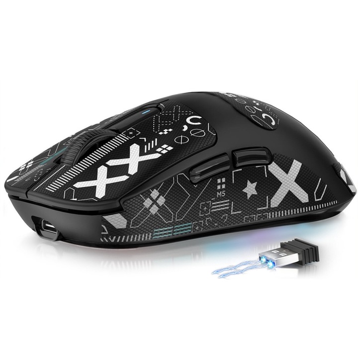 Mouse Gaming Wireless ATTACK SHARK X3, Conectivitate ultra-rapida in Tri-mode,49 g, design ergonomic ultra-usor, senzor optic PAW3395 cu trei moduri,26K DPI, autonomie baterie 200h, Compatibil cu PC/laptop/Mac, Mouse 2.4Hz/Bluetooth 5.1/USB-C, Negru
