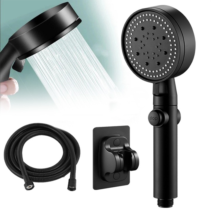 Cap de dus cu inalta presiune, Bedee, Portabil, Dus de mana presiune mare, 5 moduri de jet, Instalare usoara, cu functie de oprire a apei, cu furtun de 1,5m si suport de montare, Negru