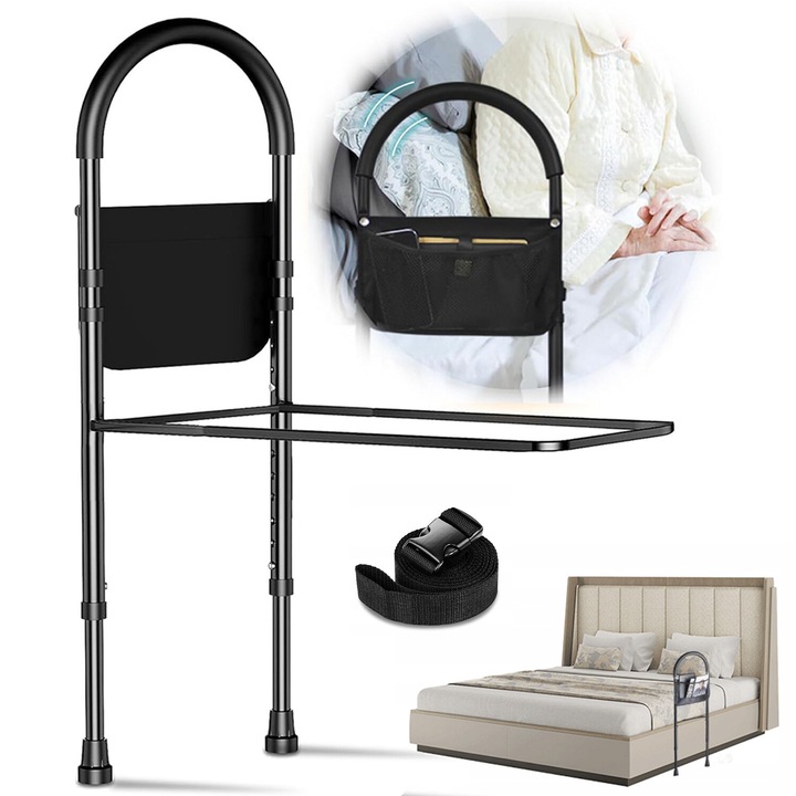 Suport pentru cotiera de langa pat, Bedee, cu Buzunar Depozitare, Maner ergonomic, Inaltime reglabila, Stabil si Usor de Instalat, 77-101cm, Capacitate de Incarcare de 330 de lire, pentru Varstnici si Persoane cu Mobilitate Redusa, Negru