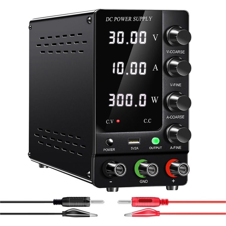 Регулируем лабораторен захранващ блок, Rqiurpn, 300W, 30V 10A, С LED дисплей, Защита от пренапрежение, Защита от претоварване, Защита от свръхток, Защита от късо съединение, Стабилизация на напрежението и тока, Черен