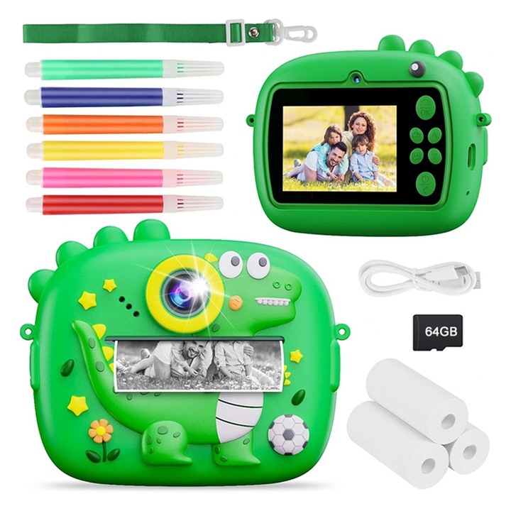 Aparat Foto-Video Pentru Copii, Rqiurpn, Camera Instant Pentru Copii, Baterie 1100mAh, 2.4 inch, HD 1080p, 48 milioane pixeli, 64GB, Set complet cu 3 role de hartie de imprimare si 6 pixuri colorate, Jocuri Interactive, Cadou Educativ, Verde