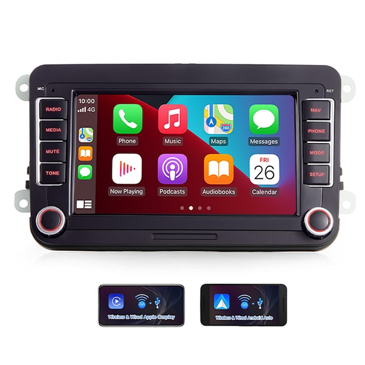 Autórádió CarPlay és Android Auto Duueyct funkcióval, 7 hüvelykes, Bluetooth, FM, 2+64G, VW Golf 5 6, Passat, Polo, Tiguan modellekhez, szett.