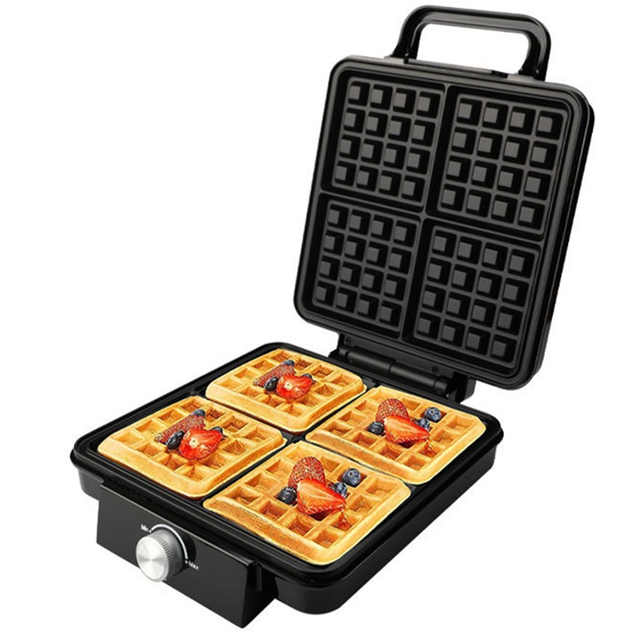 Aparat de preparat waffles, Rqiurpn, 1500W, Capacitate 4 vafe, Buton reglare temperatura, Placi antiaderente, Indicator luminos, Protectie supraincalzire, Oprire automata, Negru