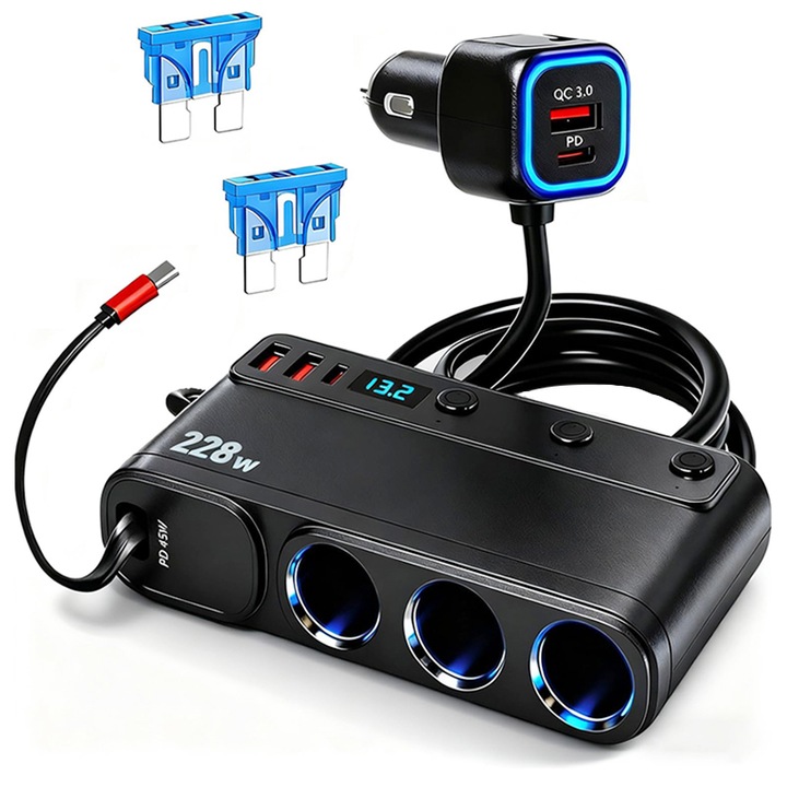 Adaptor priza auto, Rqiurpn, Incarcator 9 in 1, 228W, 12V/24V, 3 Prize Bricheta, 3 x USB, 3 x USB-C, Fisaj display voltaj, Intrerupatoare Individuale, Plug and play, Potrivit pentru masina/camion, Negru
