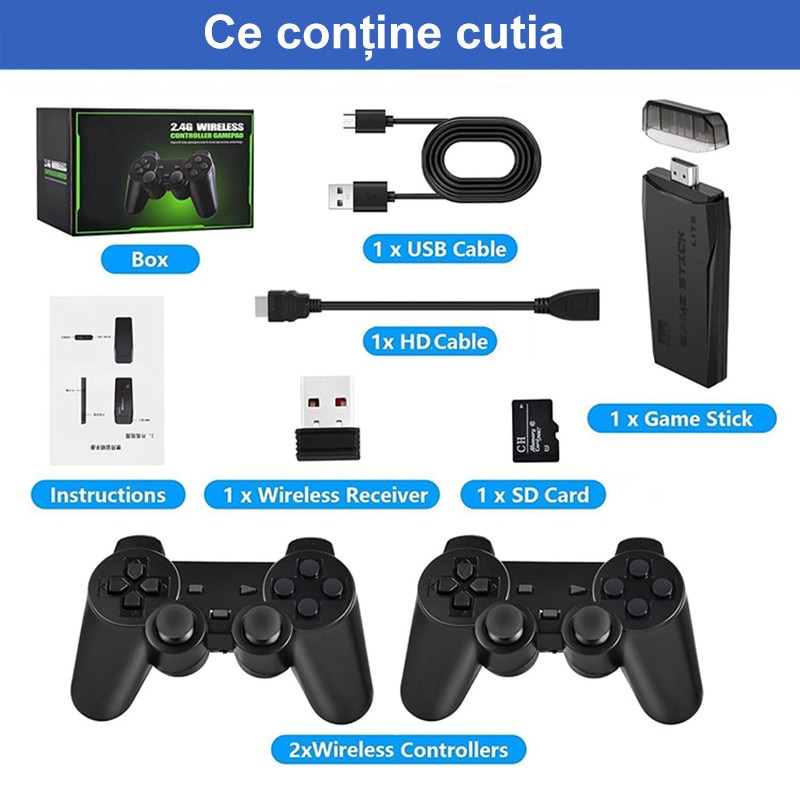 Consola de jocuri retro, Duueyct, 20000+ jocuri, 128GB, HDMI, Plug si Play, Operare usoara si de transportat, 2 controlere wireless, Pentru TV, Proiector, Monitor, Negru