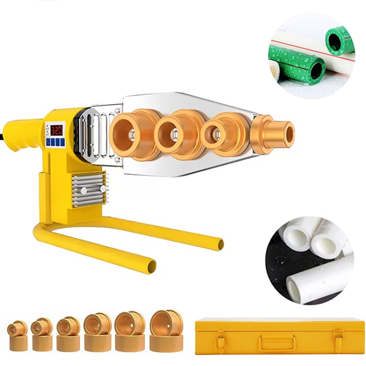 Trusa lipit tevi PPR, Duueyct, 1500W, 220V, Afisaj digital, 6 Capete de Matrice, Pentru PE/PPR/PB/PVDF/HDPE/PVC, Galben
