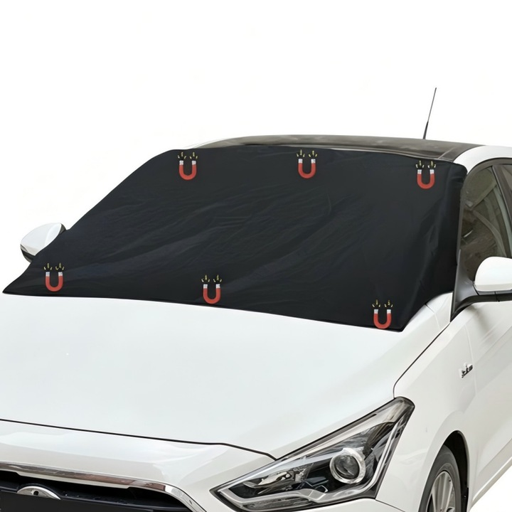 Универсално покривало за кола, 210x125 см, двулицево черно и сребристо, с магнити и щипки за врати, всесезонна защита