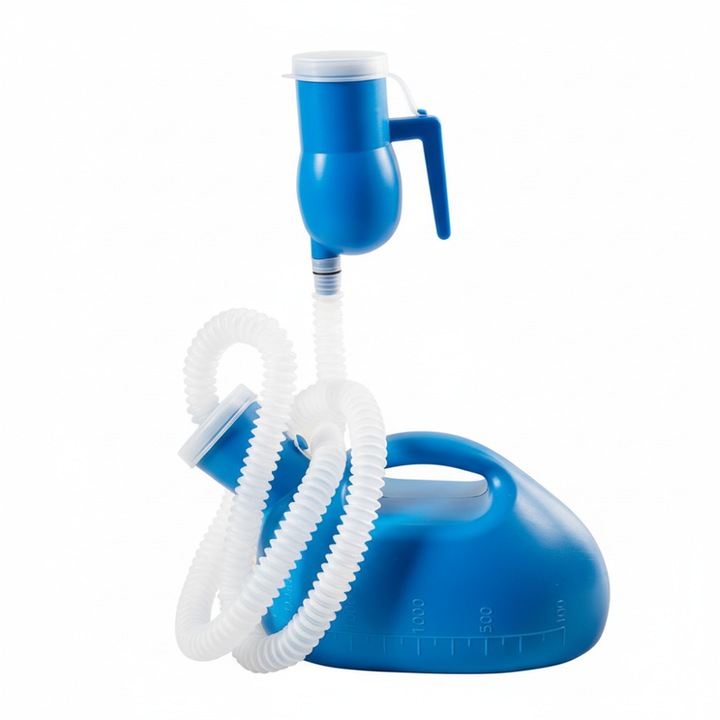 Pahar urinar pentru barbati, 2000ml, tub extensibil 1.6m, design anti-scurgere, maner antiderapant, albastru