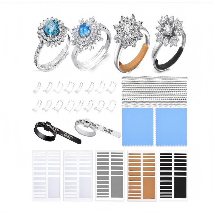 33 darabos teljes készlet gyűrűállítóhoz, állítópántok, csúszásgátló szalagok, mérőszalag, ezüst polírozó kendők, túl nagy gyűrűkhöz, ékszerápoláshoz