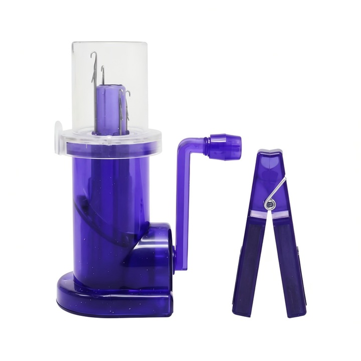 Masina de impletit cu manivela, set complet, design compact, culoare mov, dimensiuni 13.5x6x4.5cm