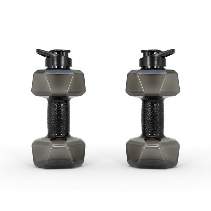 Set de 2 sticle de apa in forma de haltere, 1500ml fiecare, negru, capacitate mare, design ergonomic