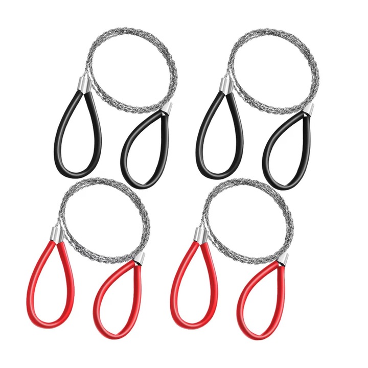 Set 4 Fierastraie Portabile cu Cabluri din Otel Inoxidabil, Manere din Silicon, Negru si Rosu, pentru Taierea Ramurilor, Camping, Gradinarit