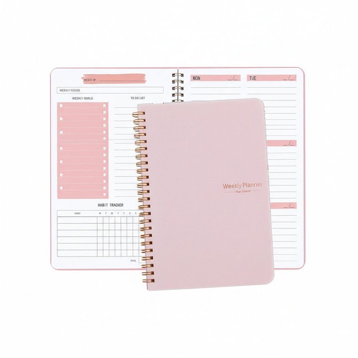 Agenda saptamanala, 14.5x21cm, coperta roz cu spirala aurie, impermeabila, 100GSM, sectiuni pentru obiceiuri si sarcini