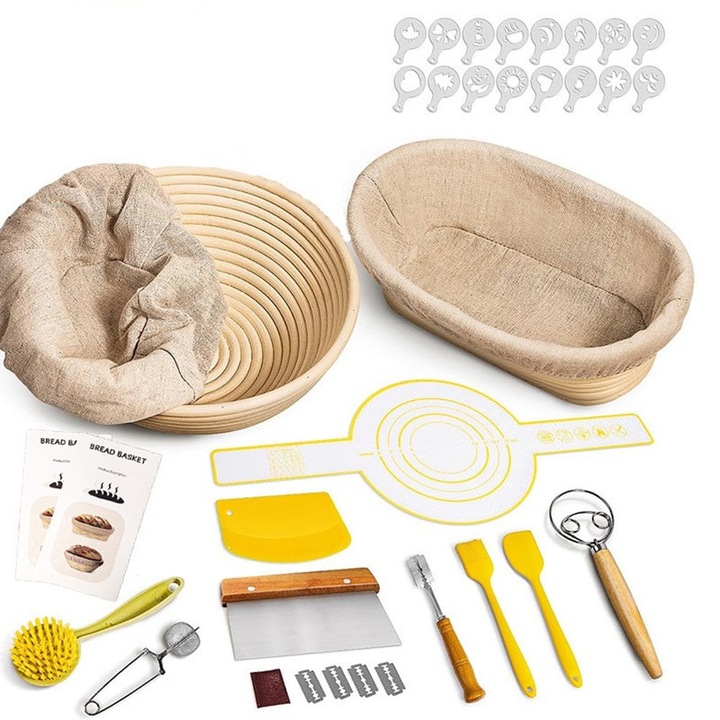 Set complet pentru prepararea painii cu maia, SWJOYOL, boluri rotunde si ovale, 34 piese, bej, 25x23cm