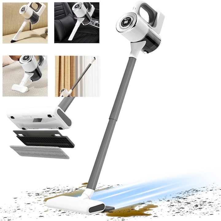 Bedee 3 az 1-ben vezeték nélküli álló porszívó, nagy szívóerő, 880 ml tartálykapacitás, fehér, 108x22.2x17.2cm