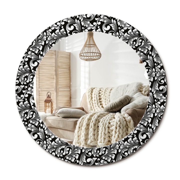 Kör Alakú Tükör Mintával, Decormat, Dísz, Fekete és fehér, Ø60 cm, Stílusos Fali Dekoráció,, 010090550090300030049
