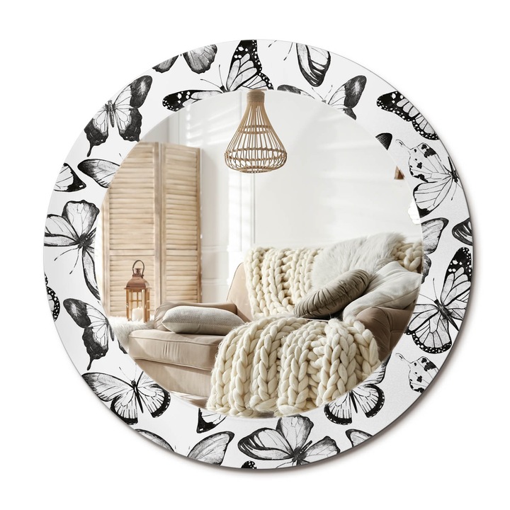 Kerek Tükör Nyomtatással, Decormat, Pillangók, Fekete és fehér, Ø60 cm, Nappaliba És Szobába,, 010090550090300012398