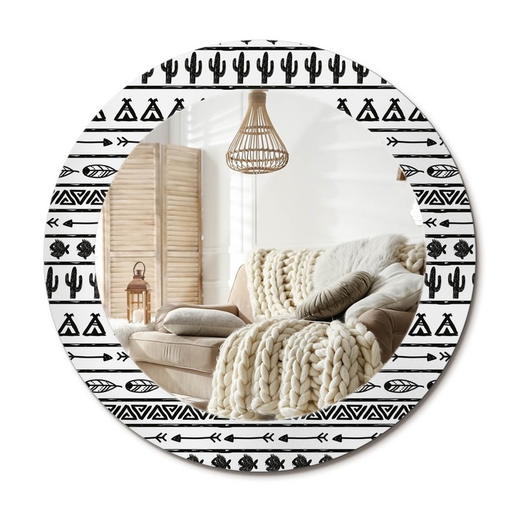 Kerek Fali Tükör Grafikával, Decormat, Bohém Minimalista, Fekete és fehér, Ø60 cm, Különleges Kiegészítő Szobába,, 010090550090300012280