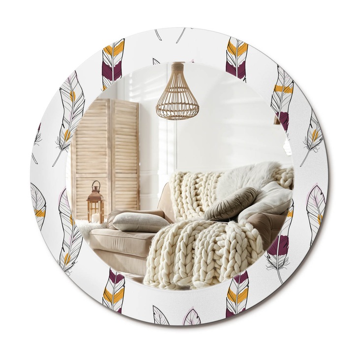 Kör Alakú Fali Tükör Nyomtatással, Decormat, Tollak, Fehér, Ø60 cm, Lakásdíszítő Fali Tükör,, 010090550090300029863