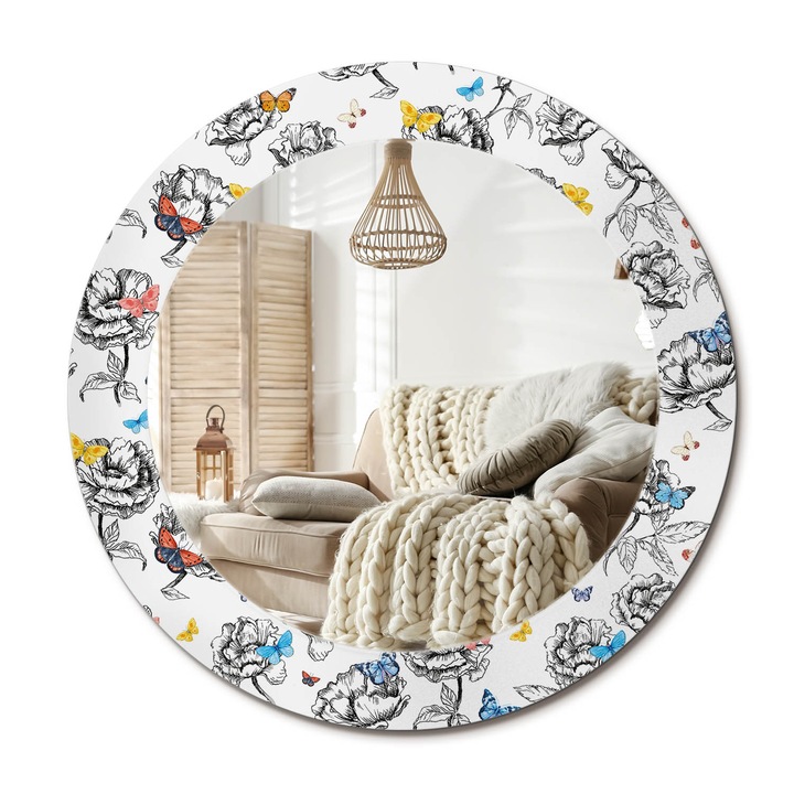 Kerek Tükör Grafikával, Decormat, Színes Pillangók, Többszínű, Ø60 cm, Sminkeléshez És Borotválkozáshoz,, 010090550090300011890