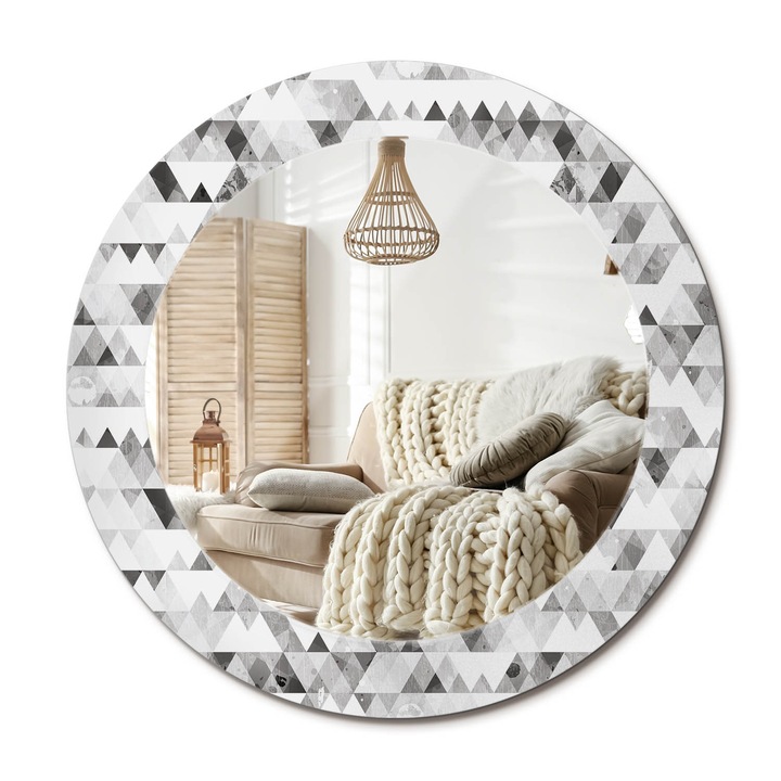 Kerek Tükör Grafikával, Decormat, Háromszögek, Fekete és fehér, Ø60 cm, Sminkeléshez És Borotválkozáshoz,, 010090550090300012043