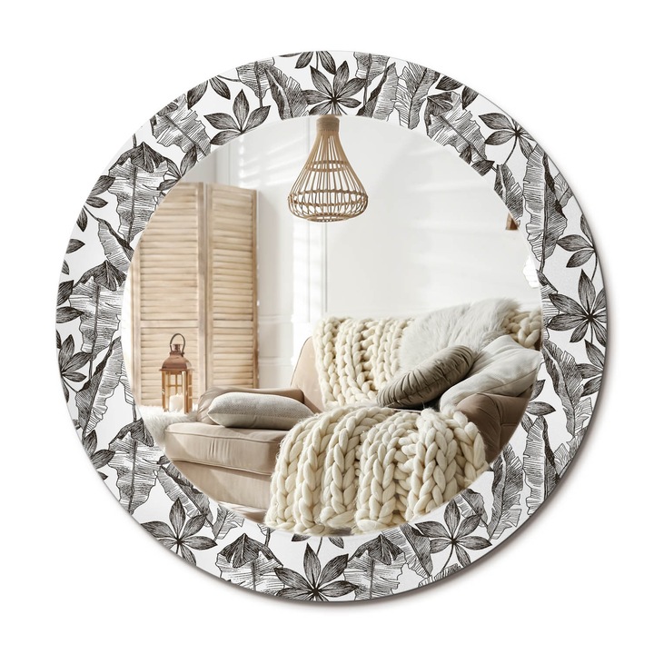 Kör Tükör Nyomtatott Mintával, Decormat, Trópusi Levelek, Fekete és fehér, Ø60 cm, Fésülködőasztalhoz És Gardróbba,, 010090550090300012643