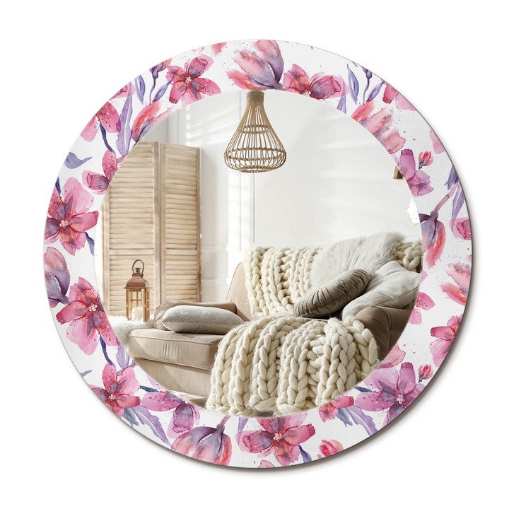 Kerek Fali Tükör Nyomtatott Mintával, Decormat, Akvarell Virágok, Rózsaszín, Ø60 cm, Nappali Szoba Díszítésére,, 010090550090300010810