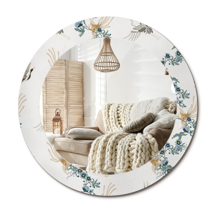 Kör Alakú Tükör Mintával, Decormat, Kínai Madarak, Többszínű, Ø60 cm, Stílusos Fali Dekoráció,, 010090550090300011877