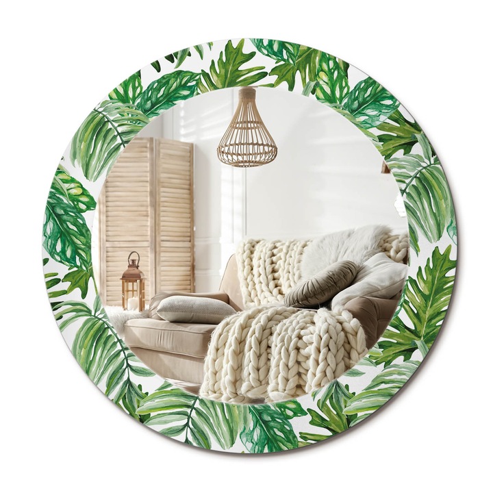 Kör Alakú Tükör Mintával, Decormat, Dzsungel Levelek, Zöld, Ø60 cm, Stílusos Fali Dekoráció,, 010090550090300012048