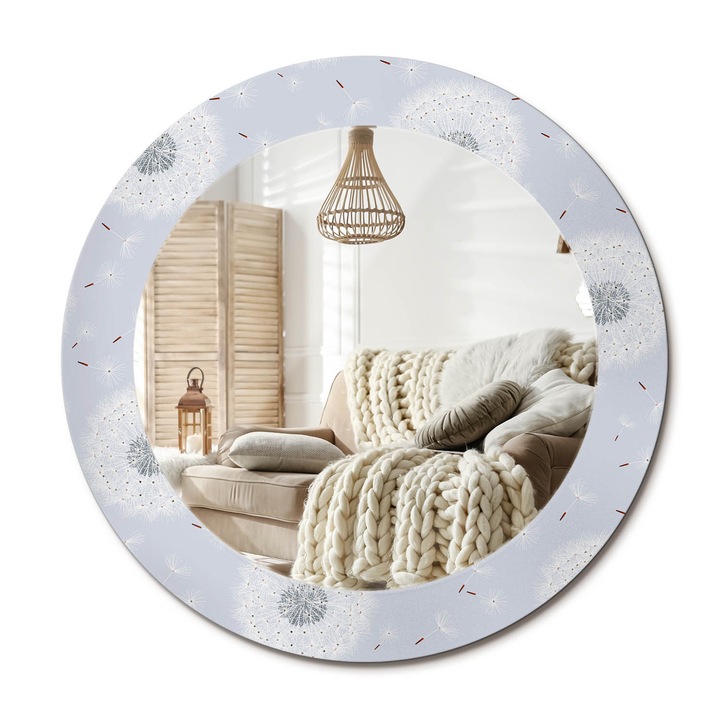 Kerek Fali Tükör Nyomtatott Mintával, Decormat, Pitypangok, Kék, Ø60 cm, Nappali Szoba Díszítésére,, 010090550090300012923