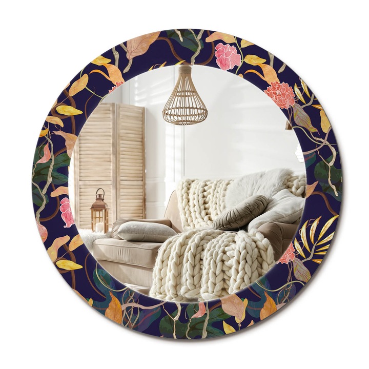 Kerek Tükör Nyomtatással, Decormat, Akvarell Növények, Sárga, Ø60 cm, Nappaliba És Szobába, 010090550090300012931